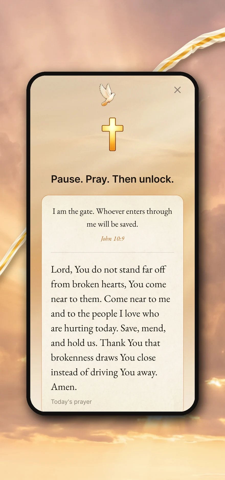 PrayerGate on a phone: a prayer card with today's verse, shown over a dawn sky.