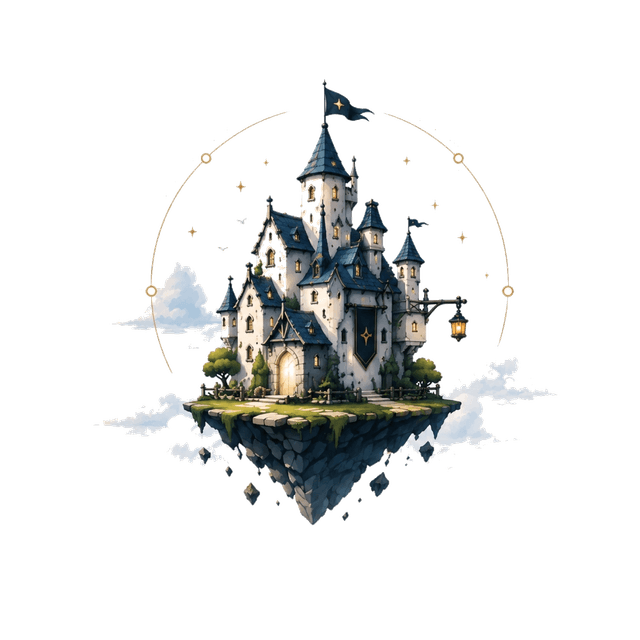 The Wandering Castle logo, a small fantasy castle floating on its own island under a ring of stars.